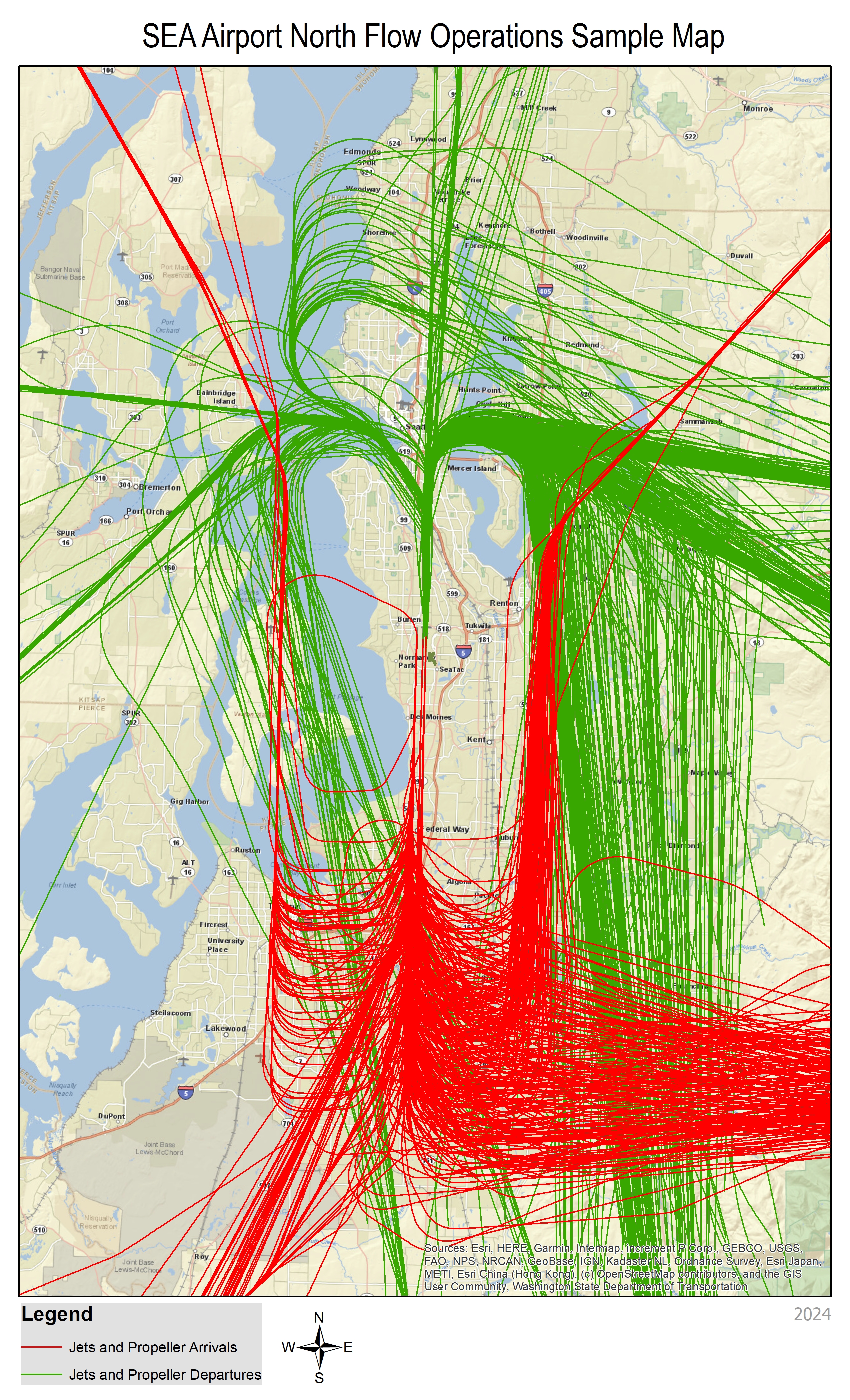 Informative map shows a sample of flight patterns over the Puget sound region