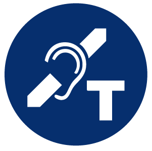Hearing loop logo: an ear crossed by a diagonal bar with a 'T' in lower right
