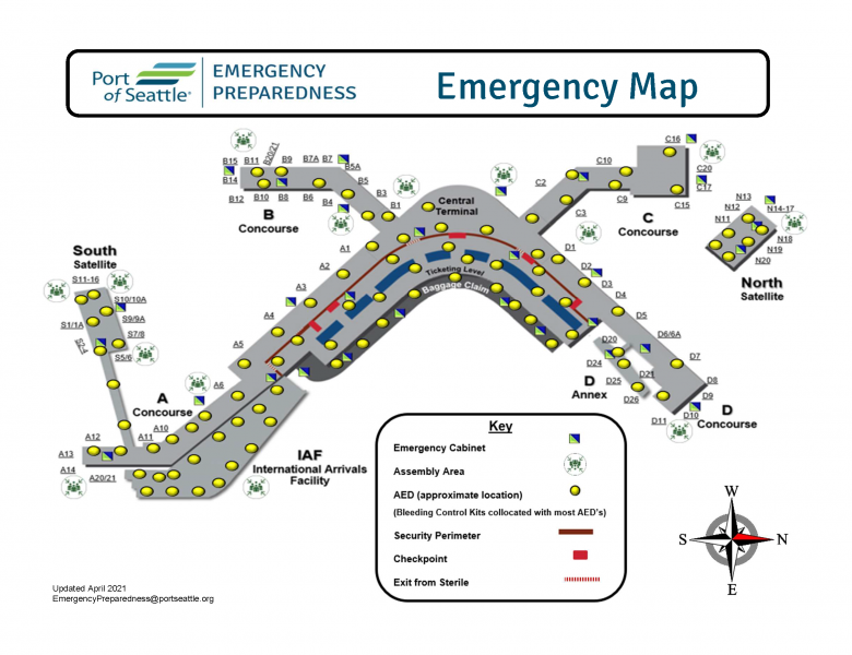 SEA terminal map illustrating locations of emergency supplies