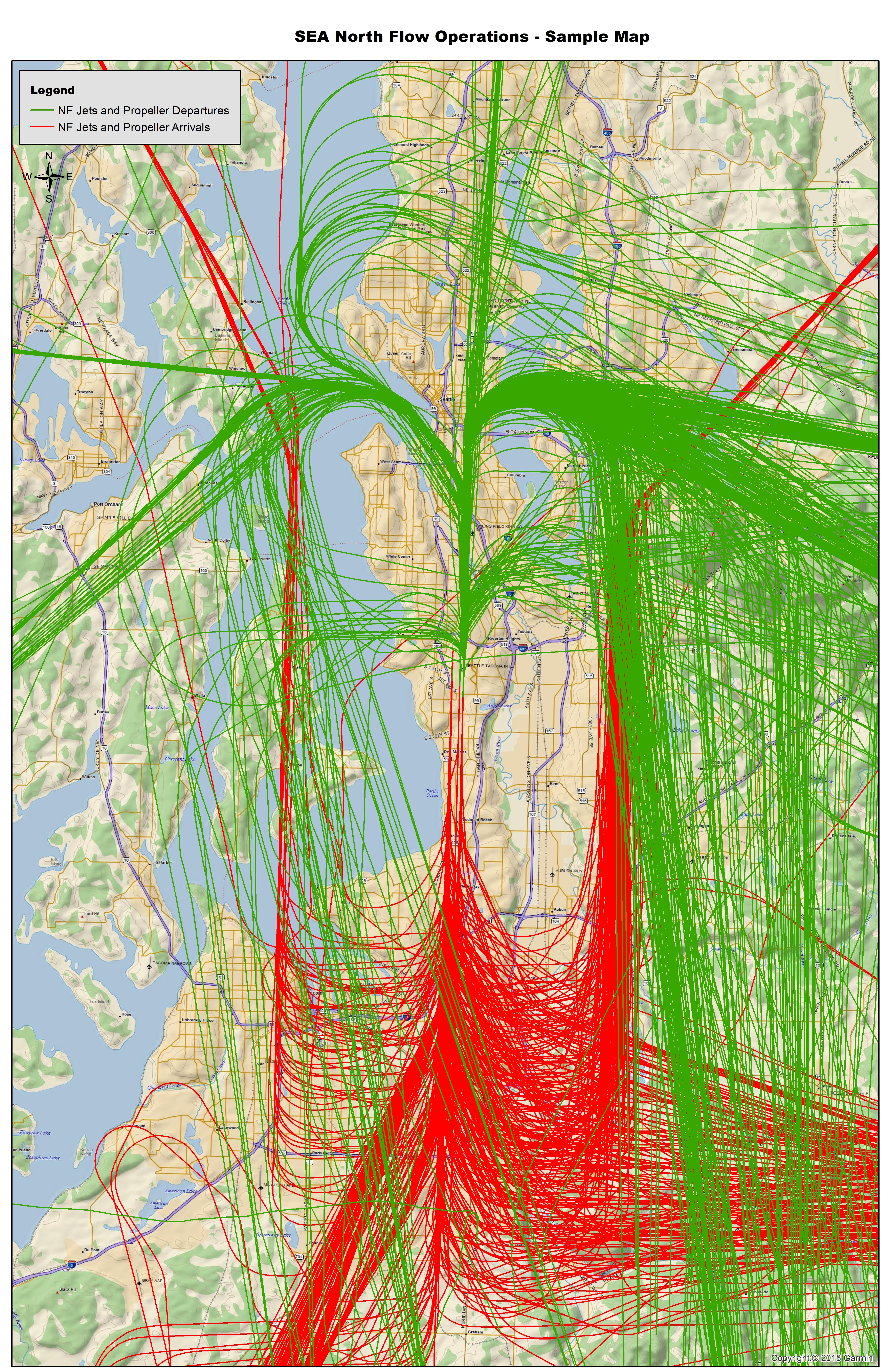 Informative map shows a sample of flight patterns over the Puget sound region