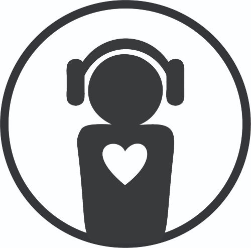 Symbol with a person wearing headphones and a heart