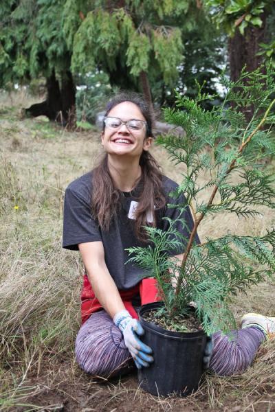 Community volunteer plants a tree