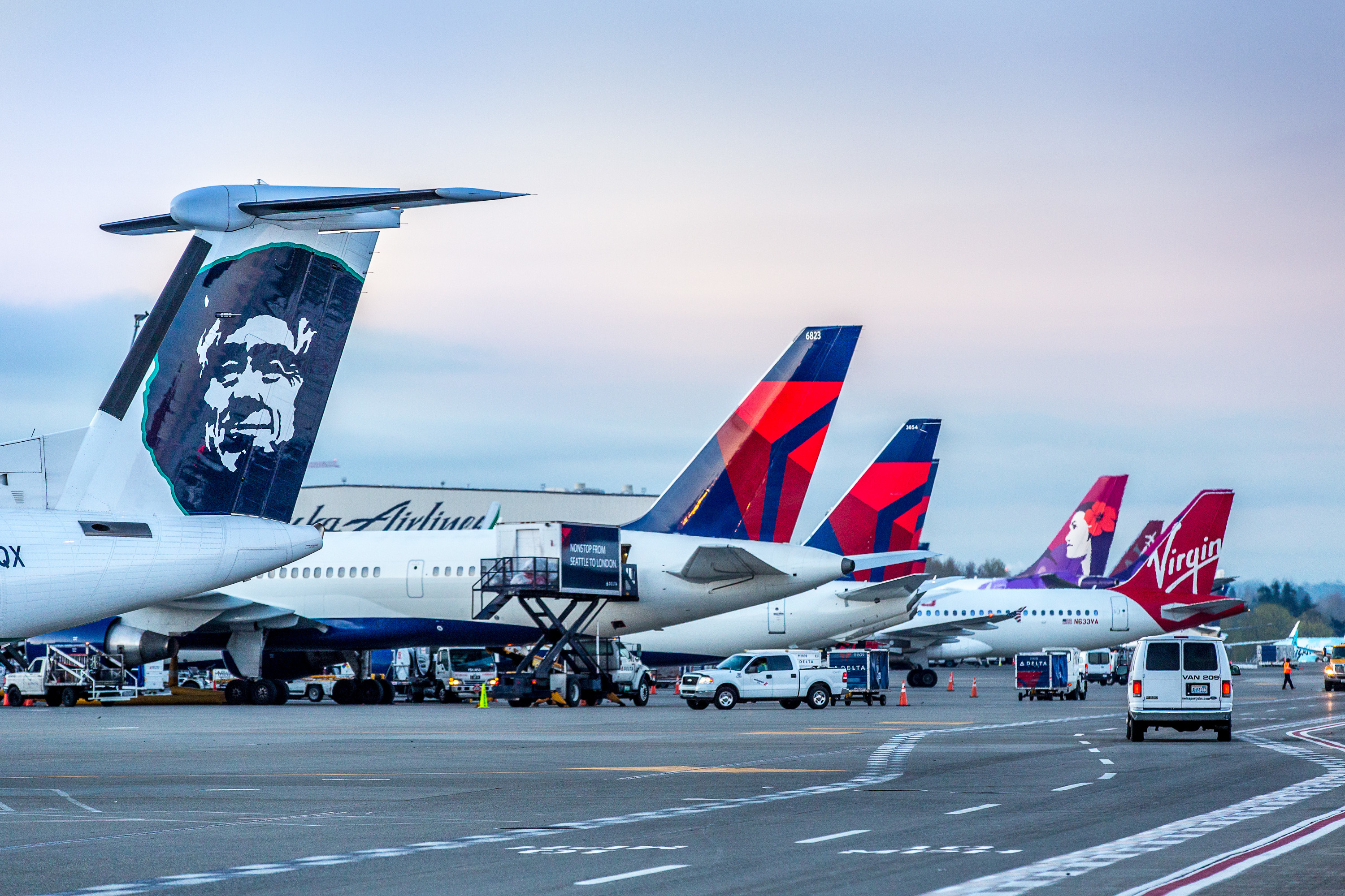 Airplanes parked at gates at SEA
