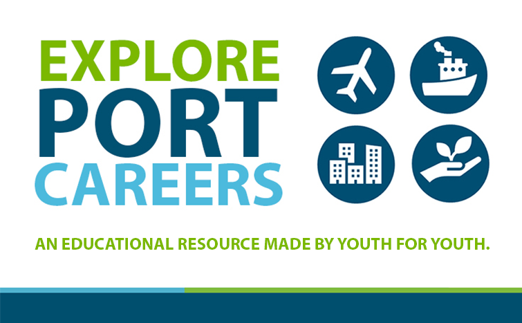 Explore Port careers with icons of aviation, maritime, construction, and sustainability