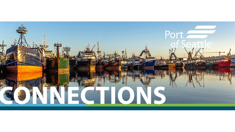 Connections header showing fishing fleet reflected in mirror-like water at Fishermen's Terminal.