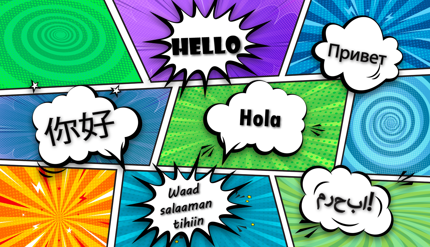 Comic strip graphic with multiple languages in various shaped speech bubbles