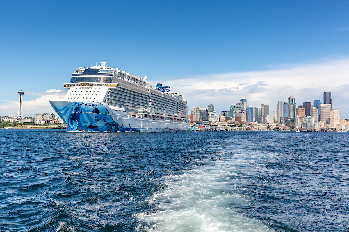 Cruise ship sailing away from Seattle