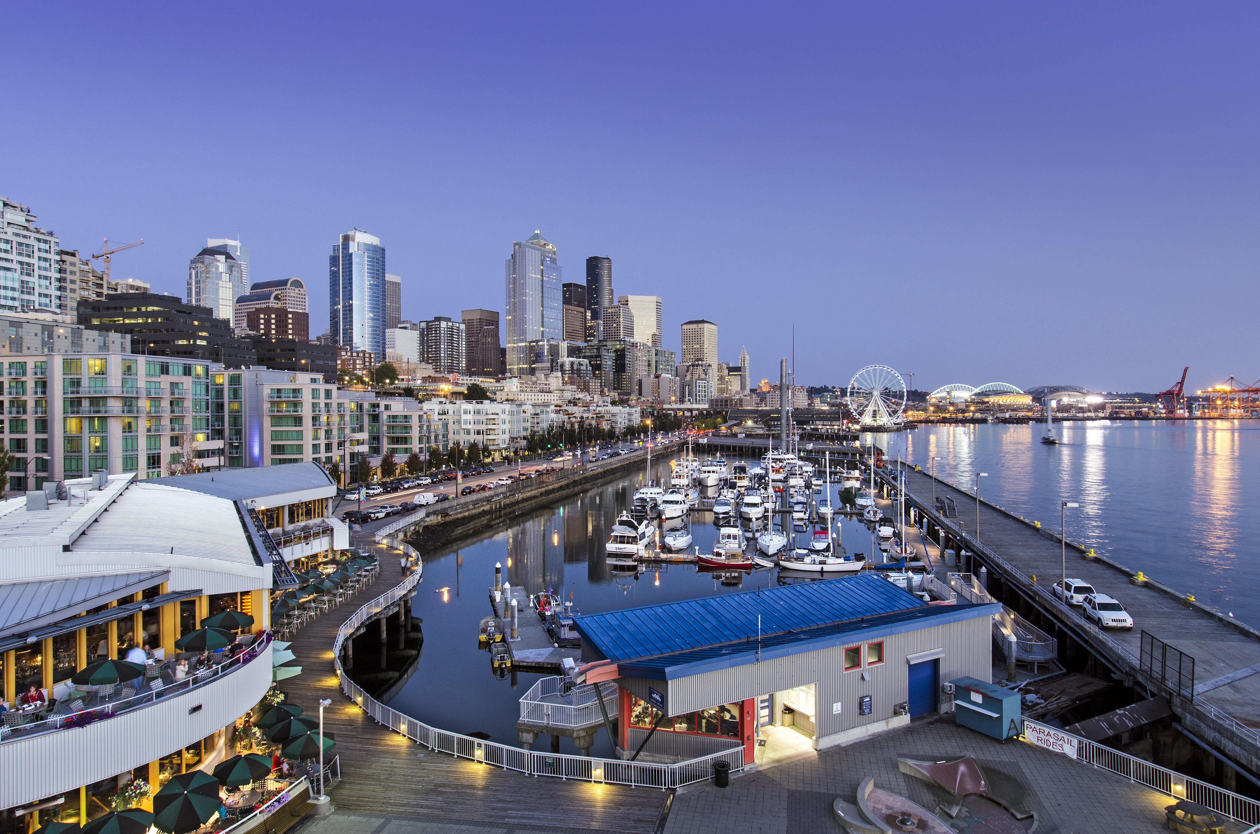 Aerial image of Bell Harbor Marina with Seattle skyline