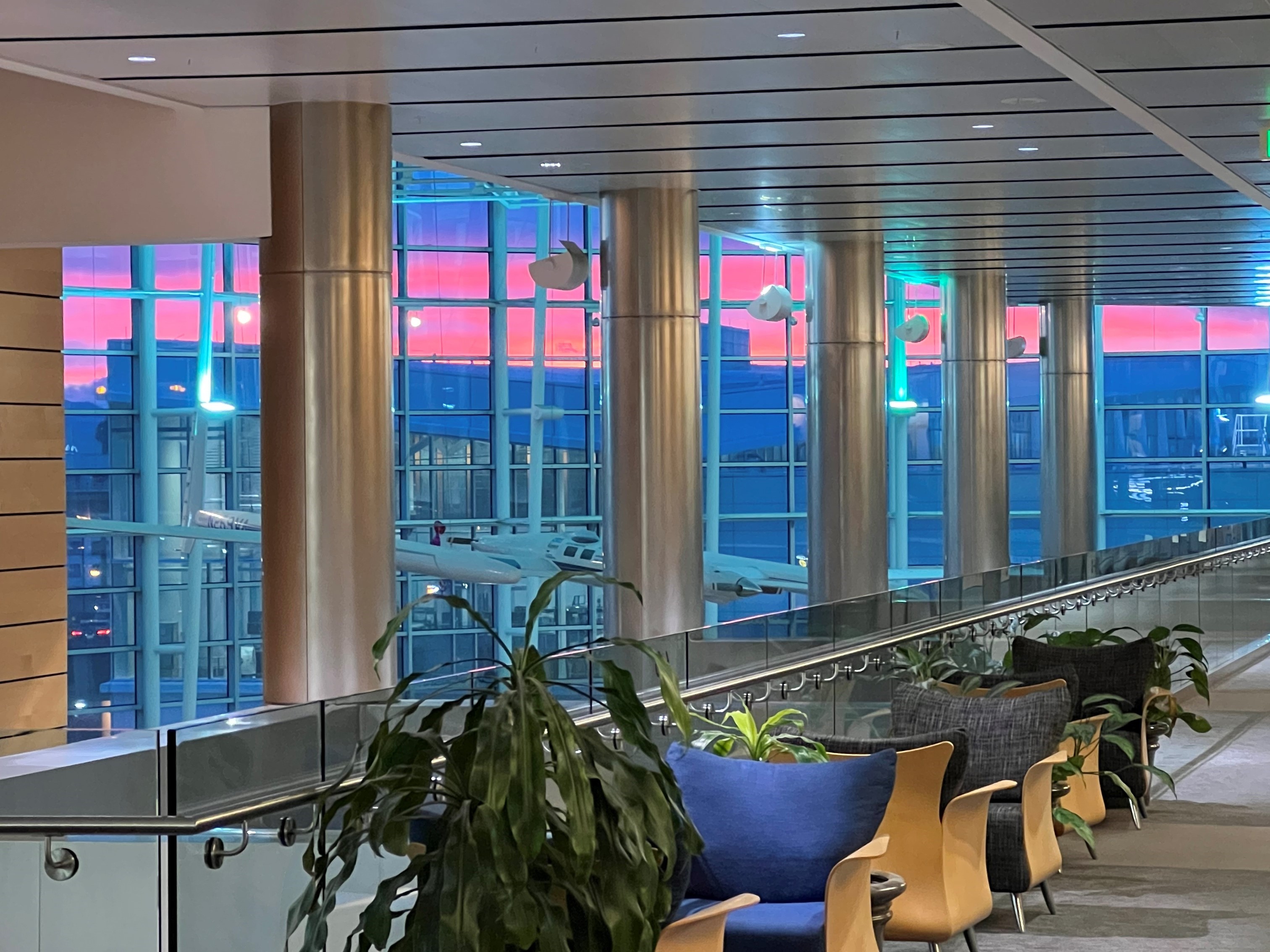 Conference Center hallway with sunrise in the background.