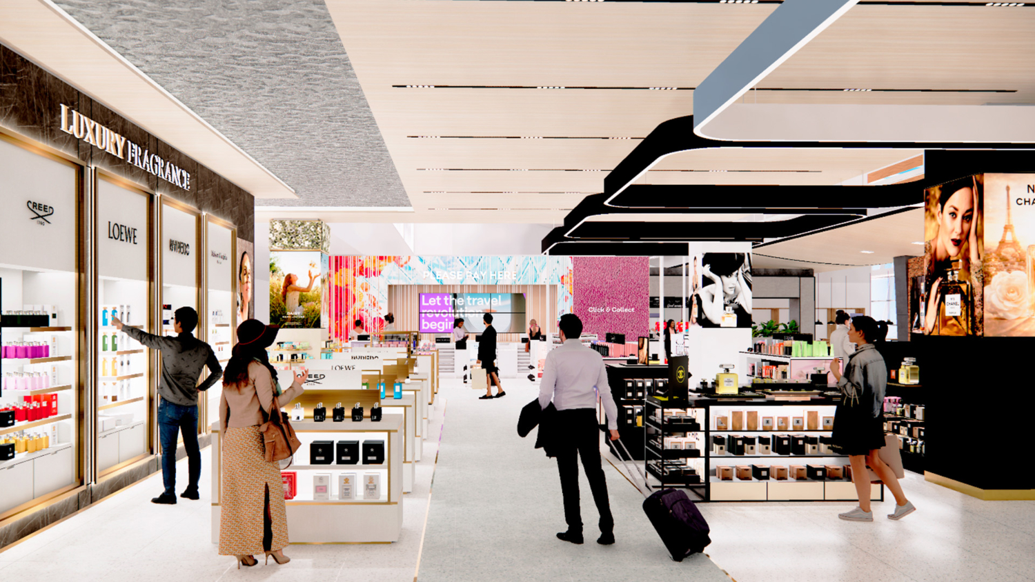 Architectural rendering of duty-free shops with products on shelves and in glass cases