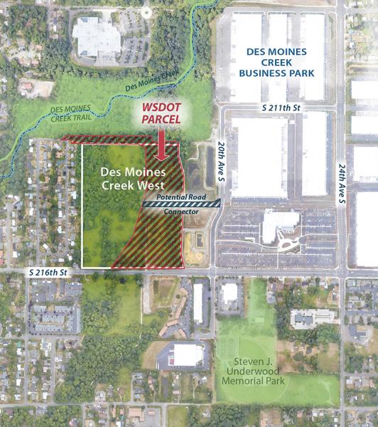 Aerial view of Des Moines Creek Business Park and the WSDOT parcel to the west, photo courtesy of WSDOT