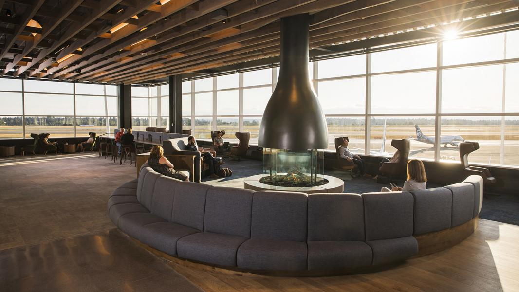 Alaska's lounge at Sea-Tac Airport's newly renovated North satellite boasts 15,800 square feet of Northwest-inspired space