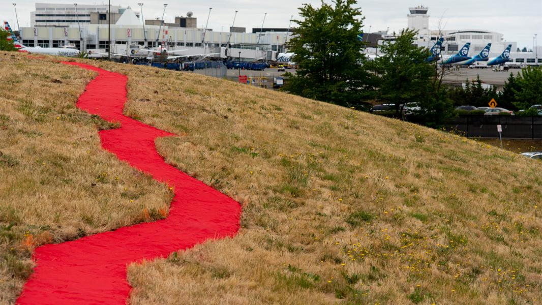 "The Red Sand Project: Border US-MX" by Artist Molly Gochman opened August 3, 2019 at SEA.order US-MX, at Seattle-Tacoma International Airport. Gochman created this 350-foot long, two-foot-wide earthwork that replicates the US-Mexico as a symbol of the borders and boundaries that are drawn between people and communities