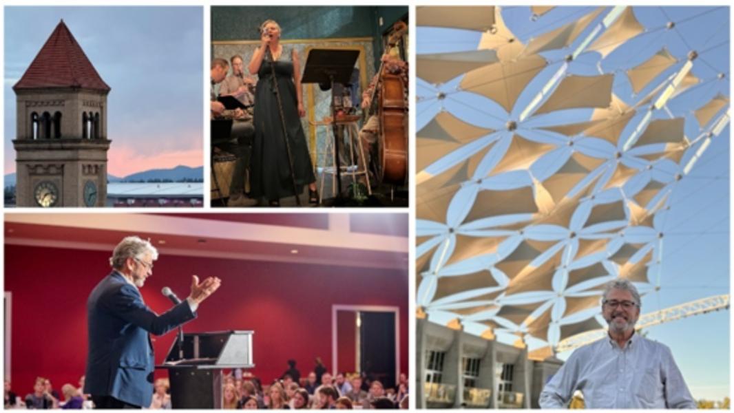 Four photos: The Great Northern Clocktower; Jazz at Emma Rues in downtown Spokane; The Gesa Credit Union Pavillion; Opening address on importance of advancing responsible tourism at the State of Washington’s annual tourism conference