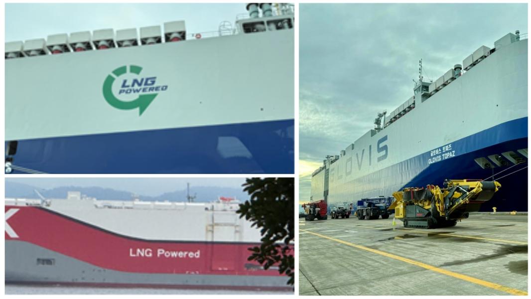 Three photos of LNG-powered container vessels at the Port of Tacoma, with decals that say 'LNG-powered'