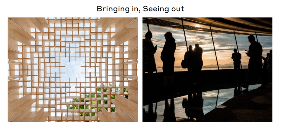 Images representing the building's theme of bringing in and seeing out