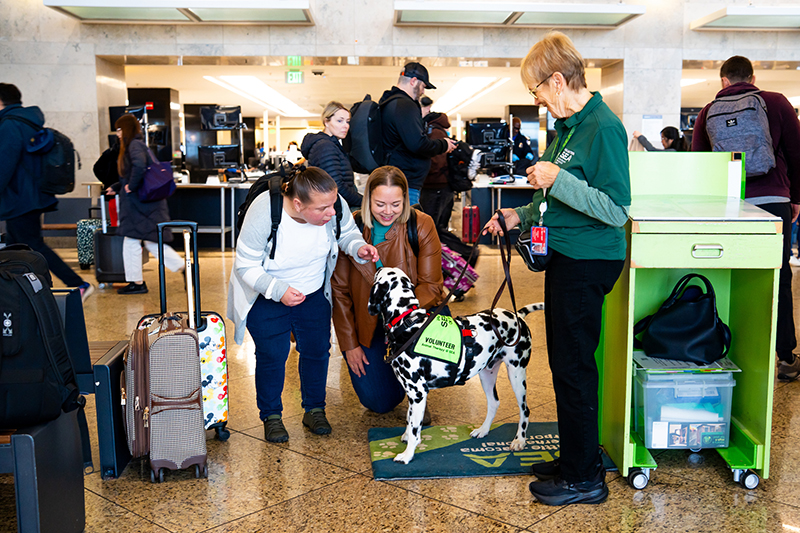 SEA travelers pet SEA Pup Tuck in the terminal