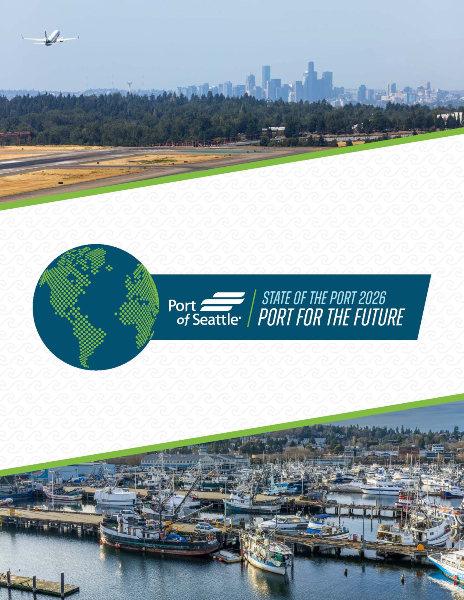 Cover of State of the Port 2026 document, featuring planes and docked boats
