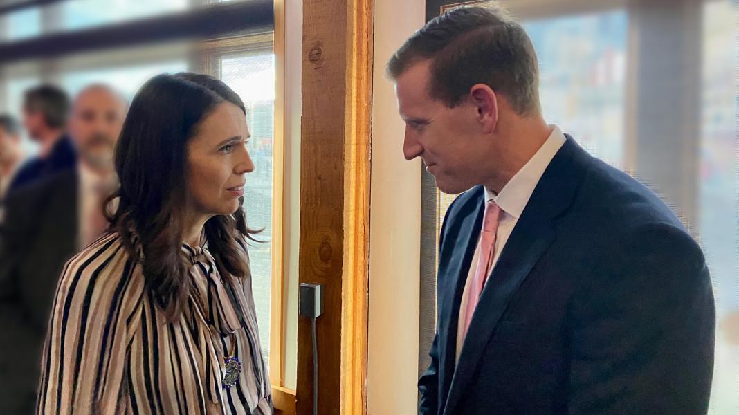 NZ Prime Minister Ardern talks with Port Commissioner Calkins