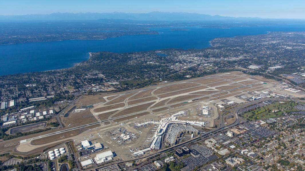 Aerial view of SEA looking westward toward the Puget Sound, Sept. 2018. Don Wilson photographer.