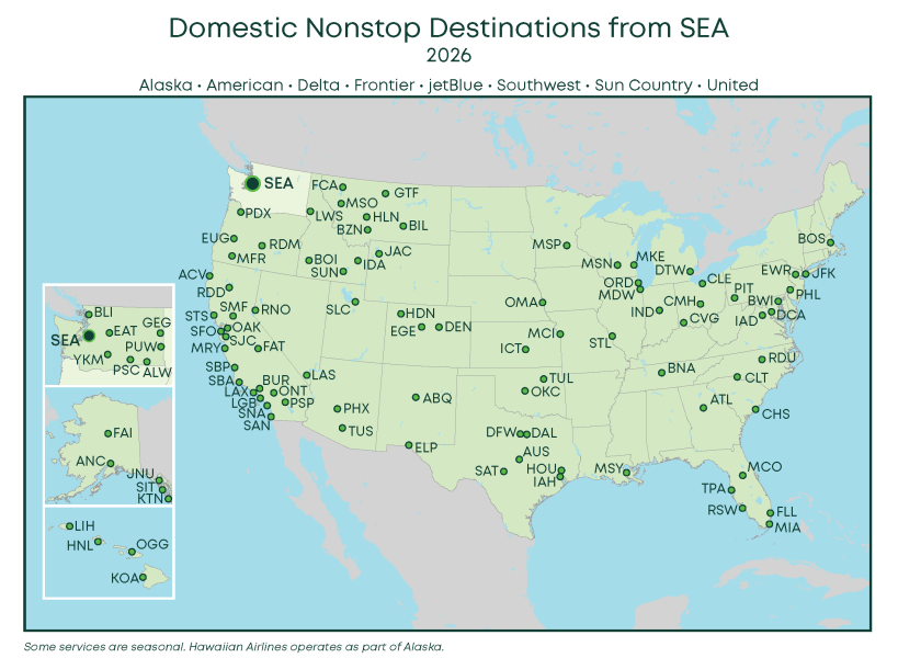 Domestic routes map from SEA Airport