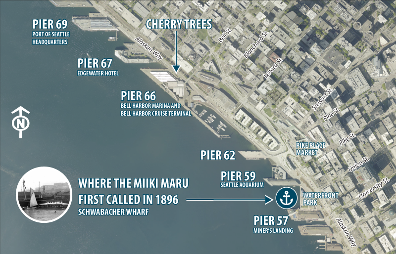 Map of the Seattle Central Waterfront showing the location of the first call of the Miiki Maru