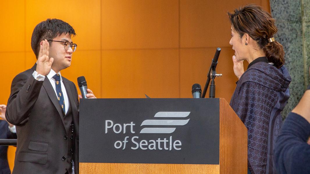 Commissioner Sam Cho is sworn in at the Port of Seattle, Jan. 7, 2020