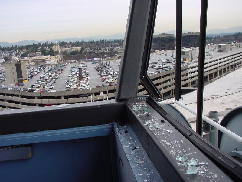 Broken windows in the FAA Control Tower