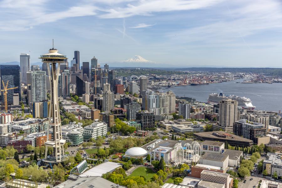 Aerial view of the Space Needle and Seattle Center