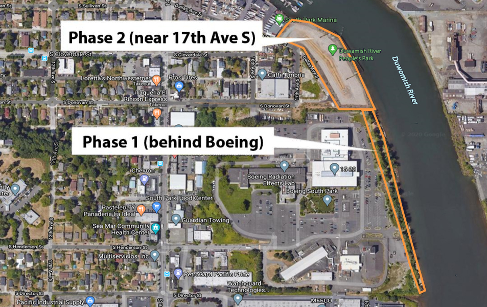 Aerial map of the project site with Phase 1 and Phase 2 work zones identified