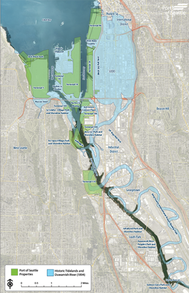 Map showing the Duwamish River today alongside the historic tidelands and Duwamish River from 1894