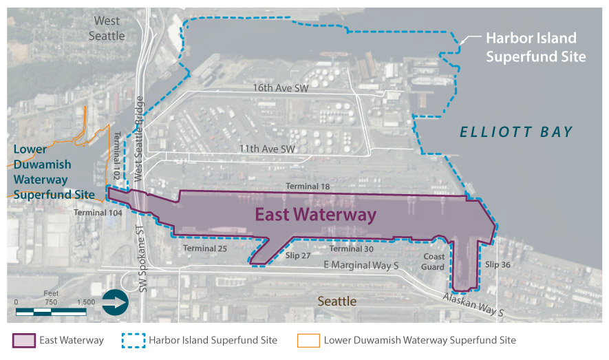 Map showing the location of the East Waterway, the Lower Duwamish Superfund Site, and the Harbor Island Superfund site. 