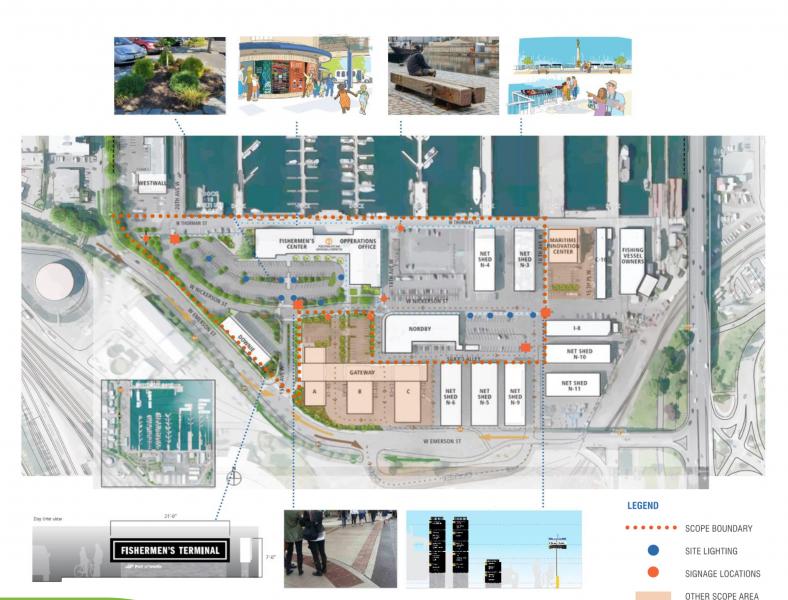 Rendering of planned site improvements at Fishermen's Terminal overlaid on aerial map