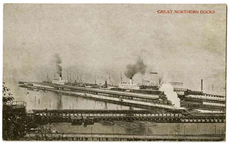 Historic postcard showing the Port of Seattle 