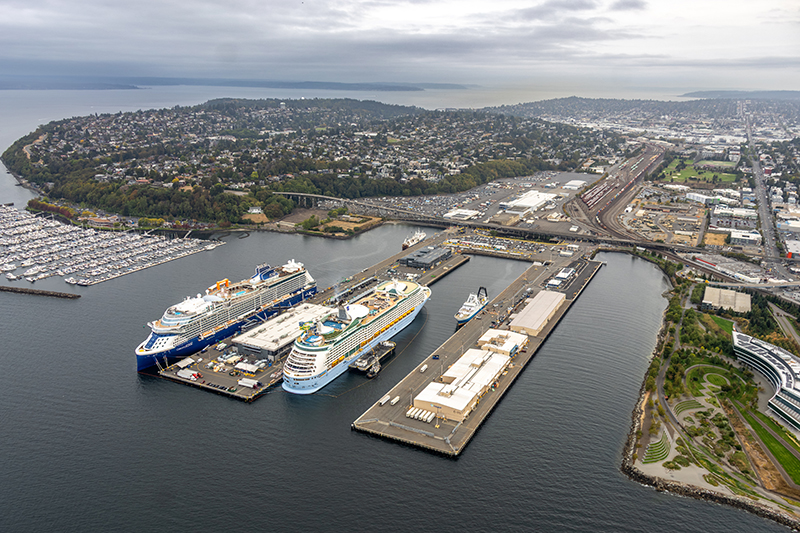 Aerial Photo of Terminal 91 from 2026 with two cruise ships at berth.