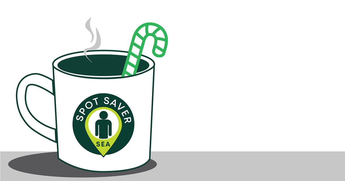 Graphic of coffee cup with text "S-E-A Spot Saver".