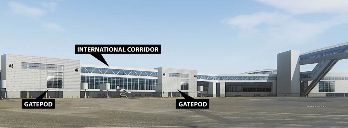The IAF International corridor is located above Concourse A and ties into the Grand Hall