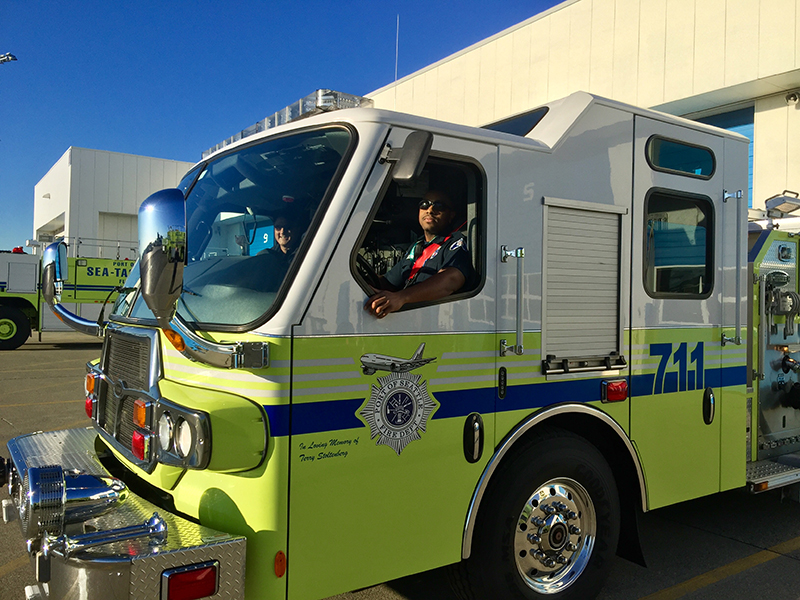 Franklin Smith drives one of the Port Fire Department's engines.