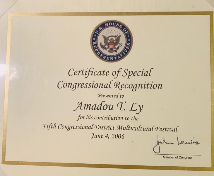 Award certificate for Amadou Ly
