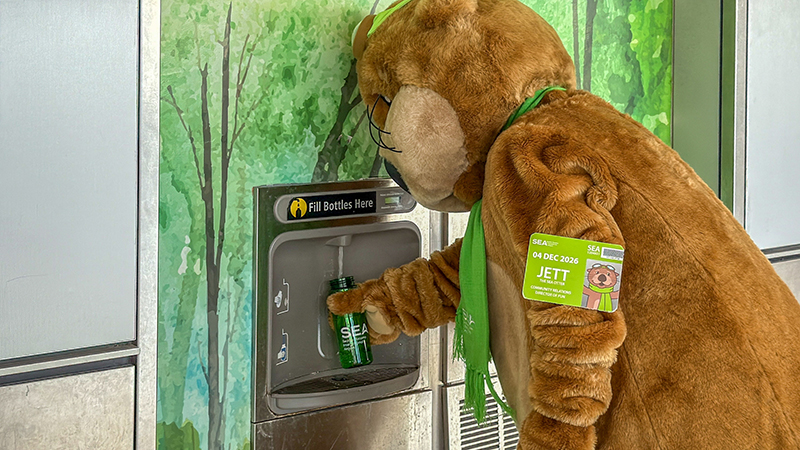 Jett uses a water refill station at SEA