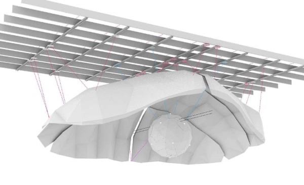 An outline of the glass oyster shell and pearl being hung from the ceiling.