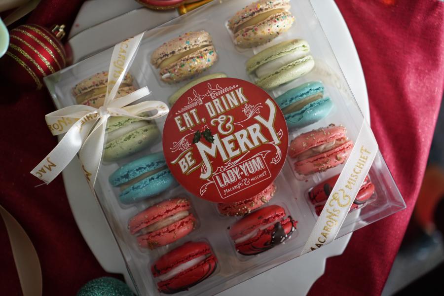 A photo of the holiday flavors macarons and packaging from Lady Yum
