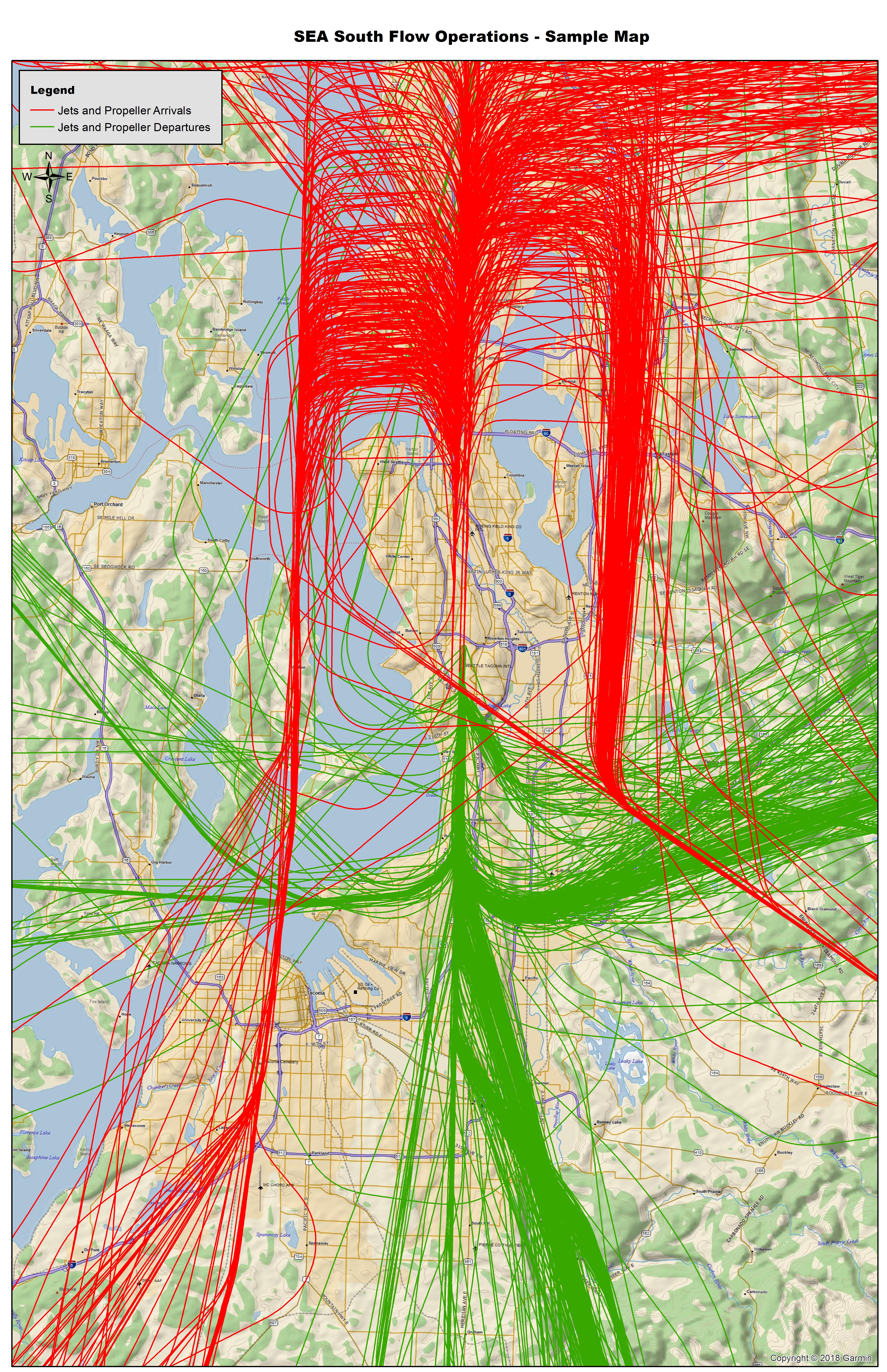 Informative map shows a sample of flight patterns over the Puget sound region