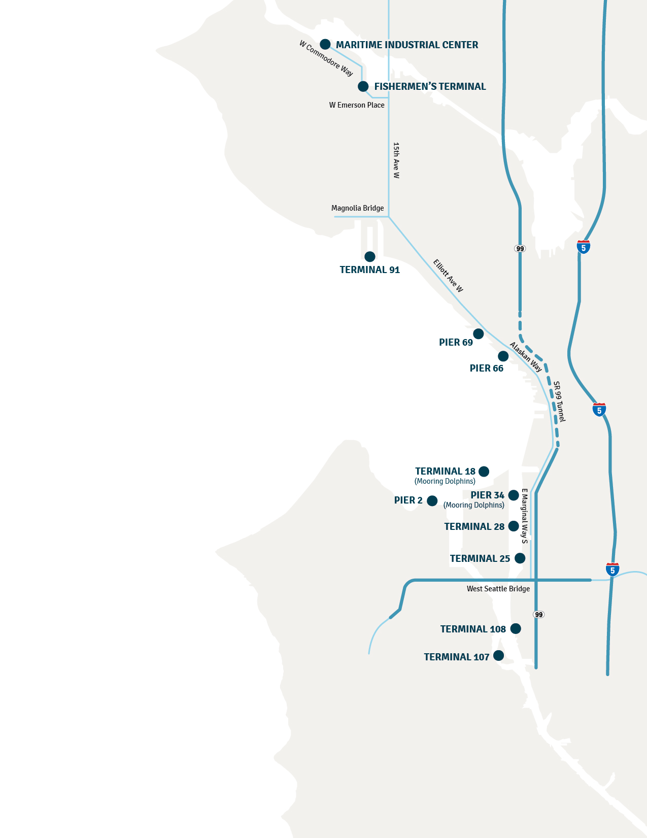 Map of commercial and industrial moorage facilities