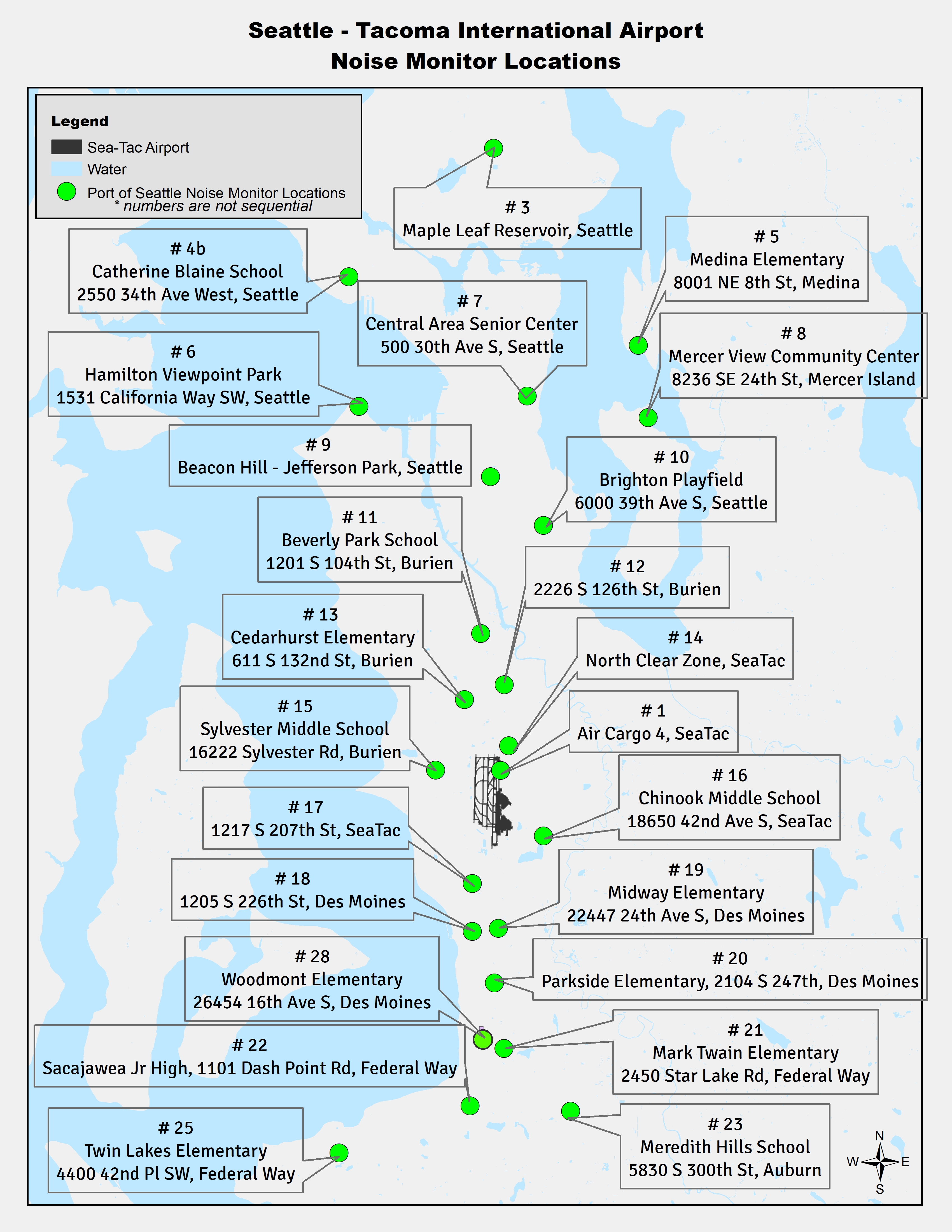 map depicting locations of Sea-Tac noise monitors