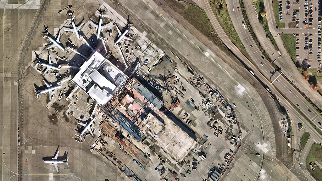 North Satellite aerial showing structural steel on south gates