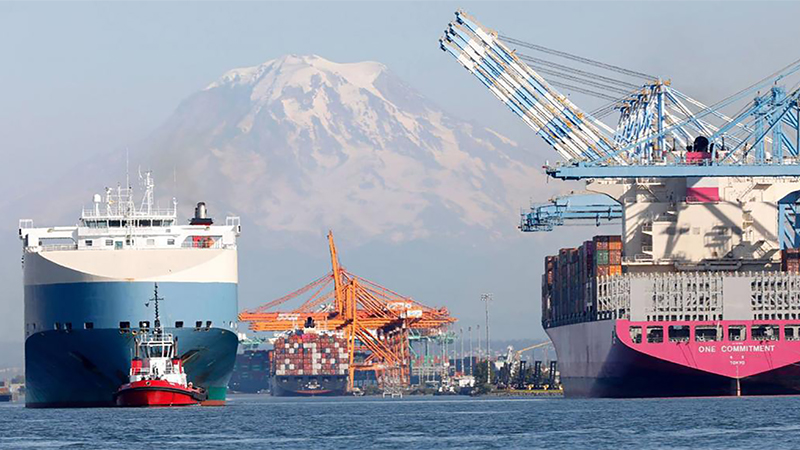 Two container ships at berth with Mt. Rainier in the background