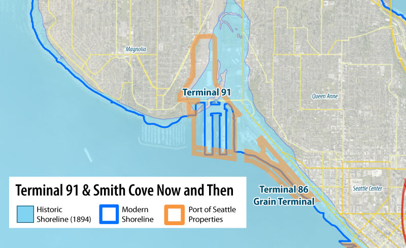 Map comparing Smith Cove's 1894 and modern shorelines, overlaying current Port of Seattle terminal properties.