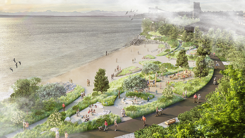 Aerial rendering of Myrtle Edwards Park.