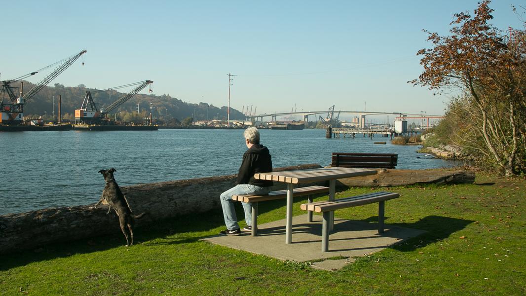 Man sits on one of the park benches, with his black dog, at Terminal 108 Park, looking over the Duwamish River. Seattle, Oct. 2018